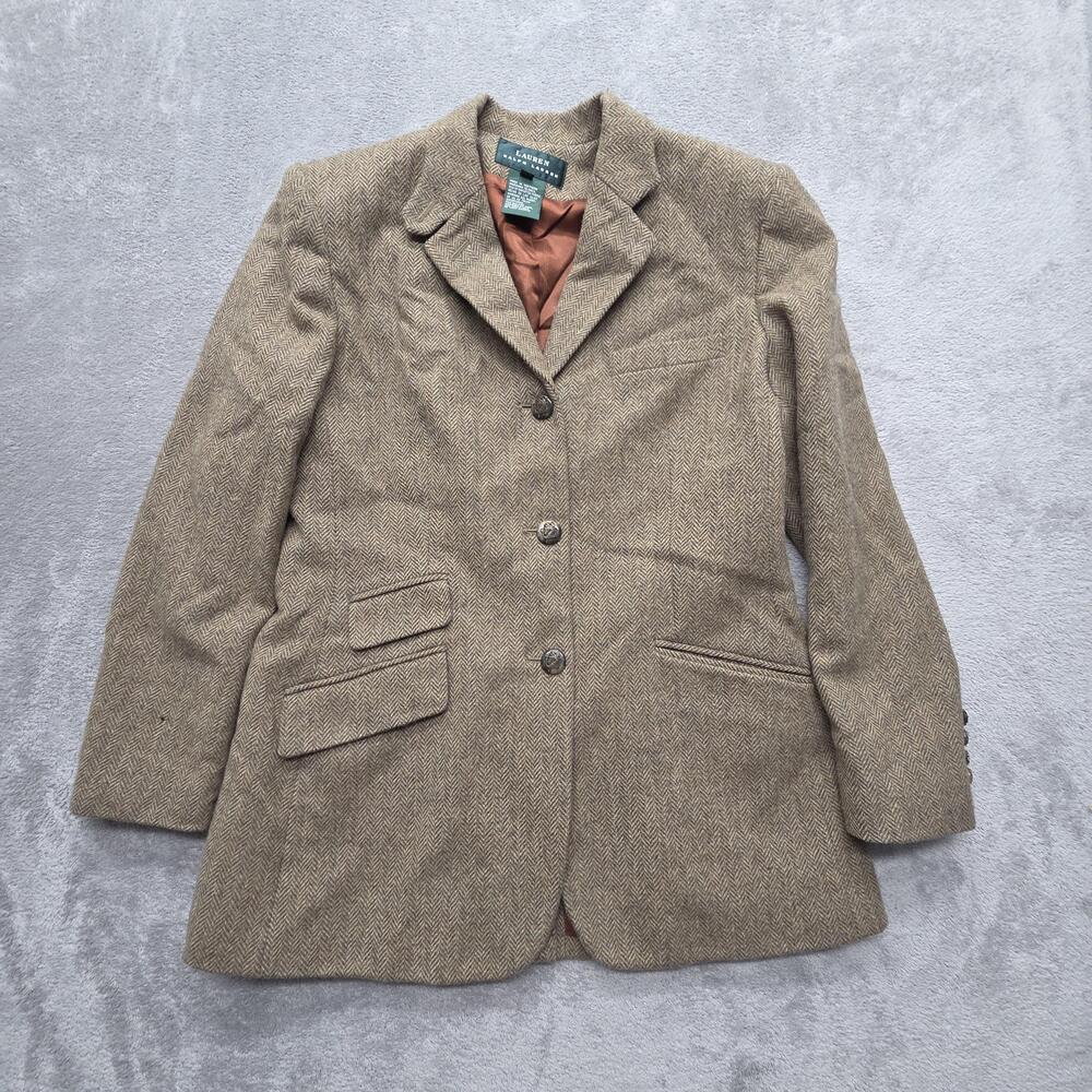 Lauren Ralph Lauren Blazer Womens 12 Brown Tweed Wool Lined Tailored Classic